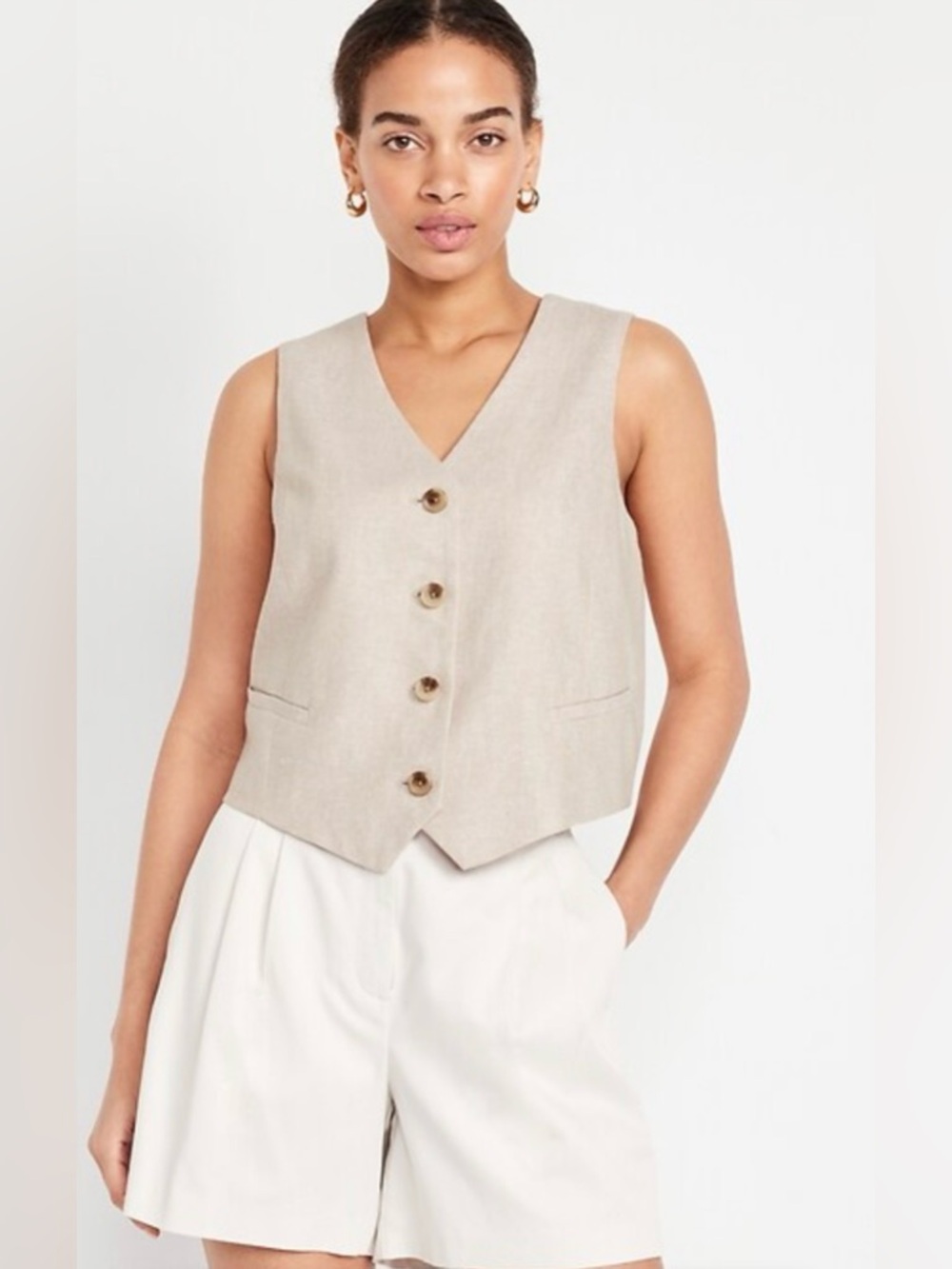 Neutral Linen-Look Button Front Vest by Old Navy. Out of stock style - Picture 2 of 8